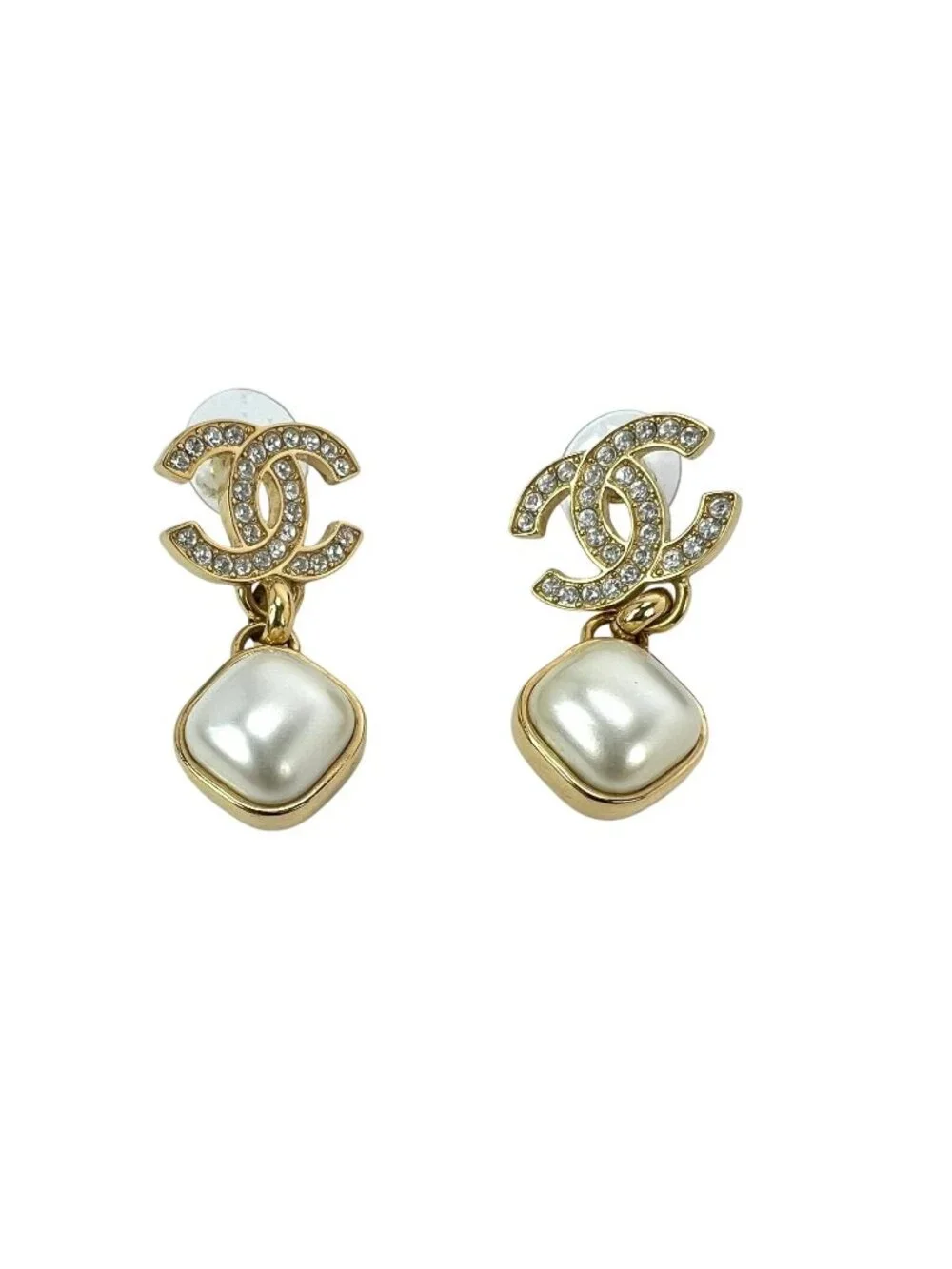 Chanel Gold Crystal CC Pearl Dangle Earrings